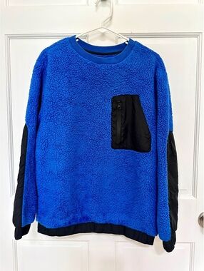 UGG Niko Sherpa Crewneck Royal Blue Black Nylon Side Panels Pocket Trim Size S